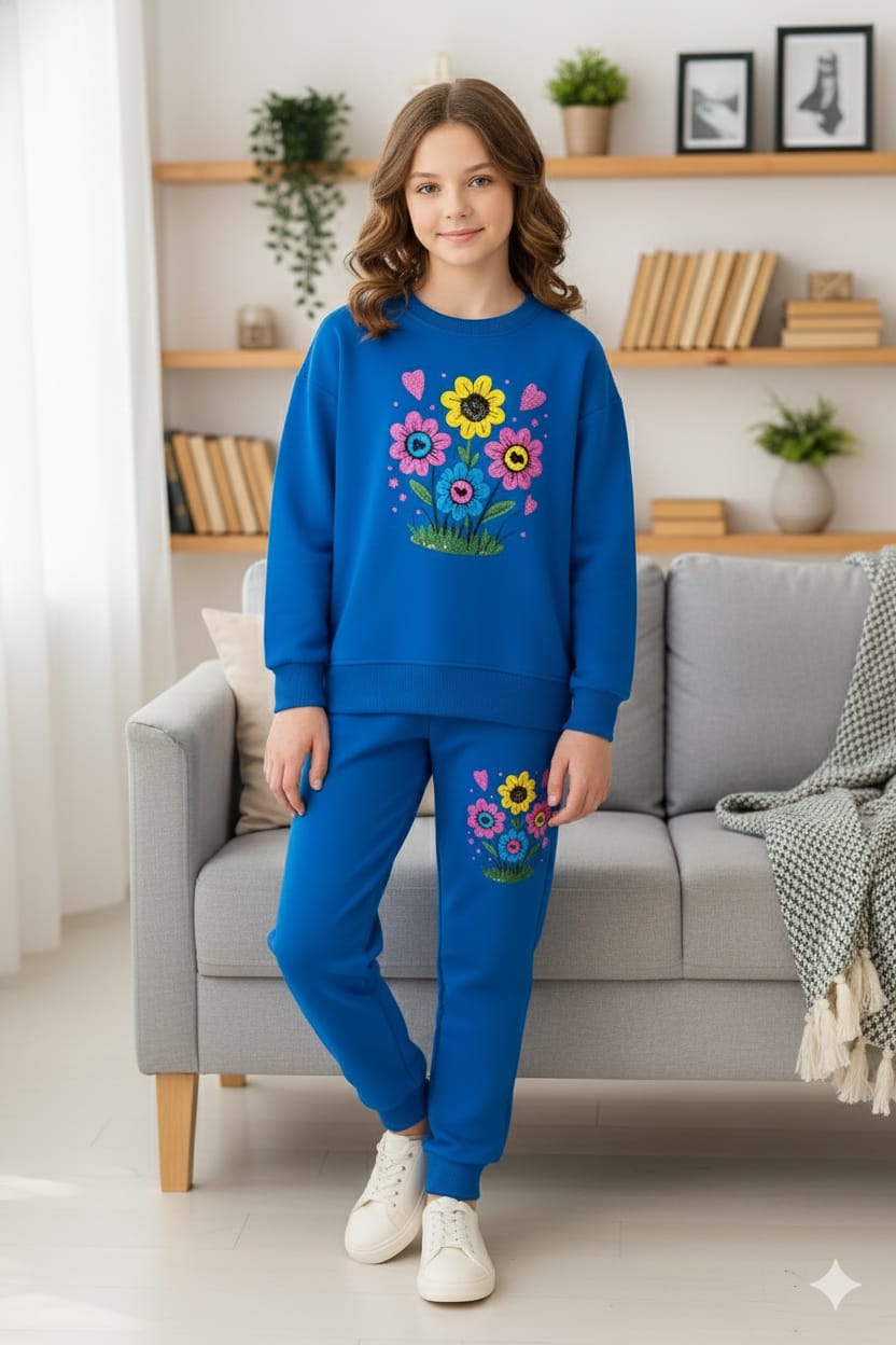 Smiley Flower Embroidery Royal Blue Track-suit Girls ( Factory )
