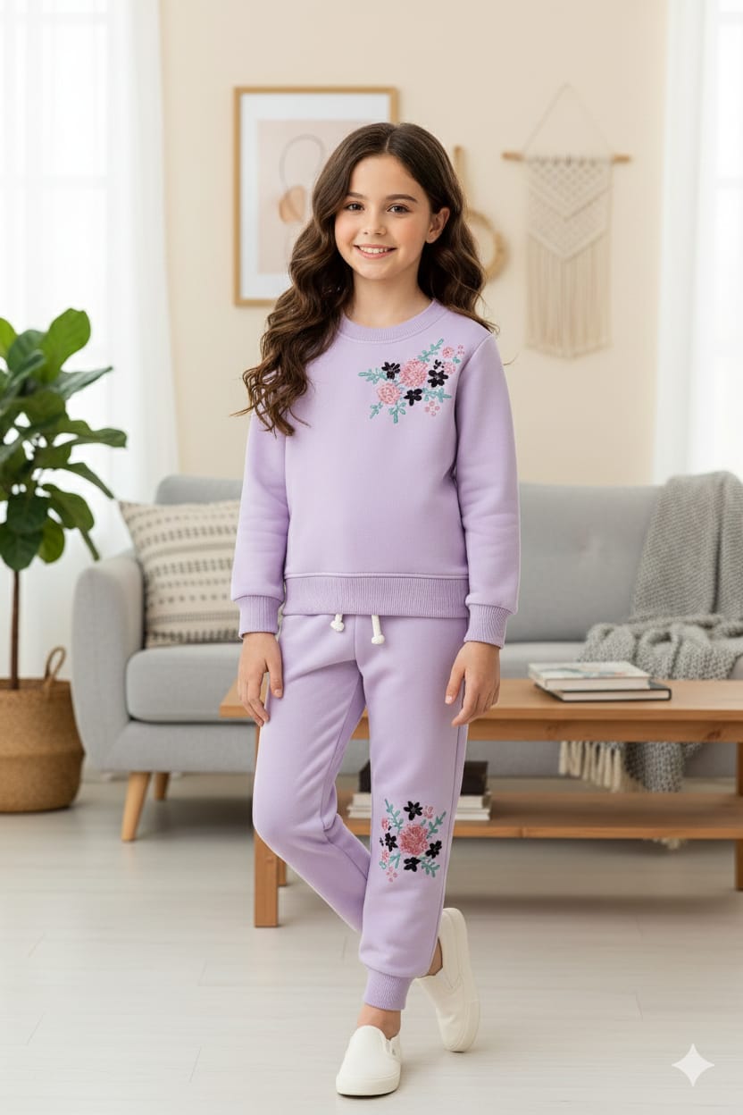Floral Top Embroidery Light Purple Track-suit Girls