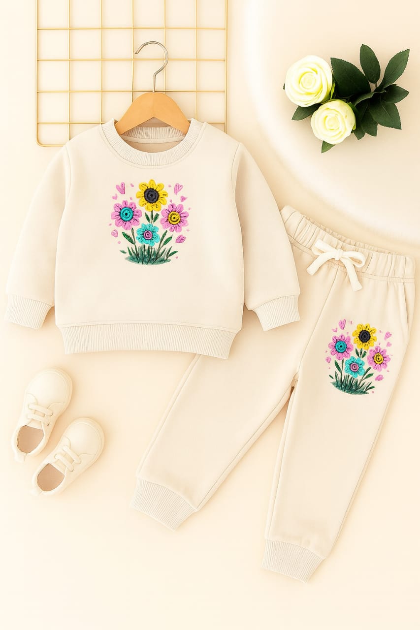 Smiley Flower  Embroidery Skin Track-suit Girls