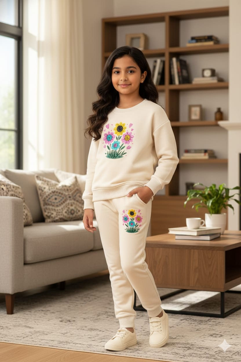 Smiley Flower  Embroidery Skin Track-suit Girls