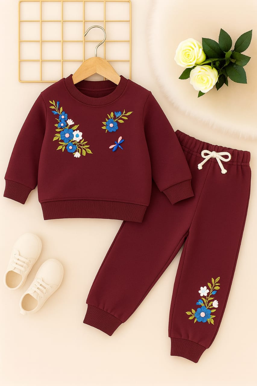 Bloomy Embroidery Mahroon Track-suit Girls
