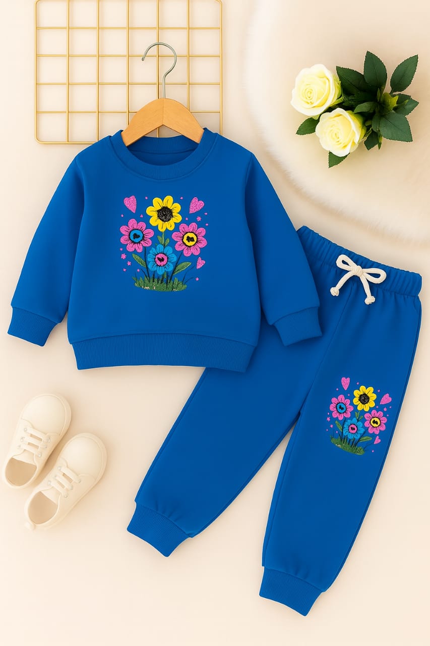 Smiley Flower Embroidery Royal Blue Track-suit Girls ( Factory )