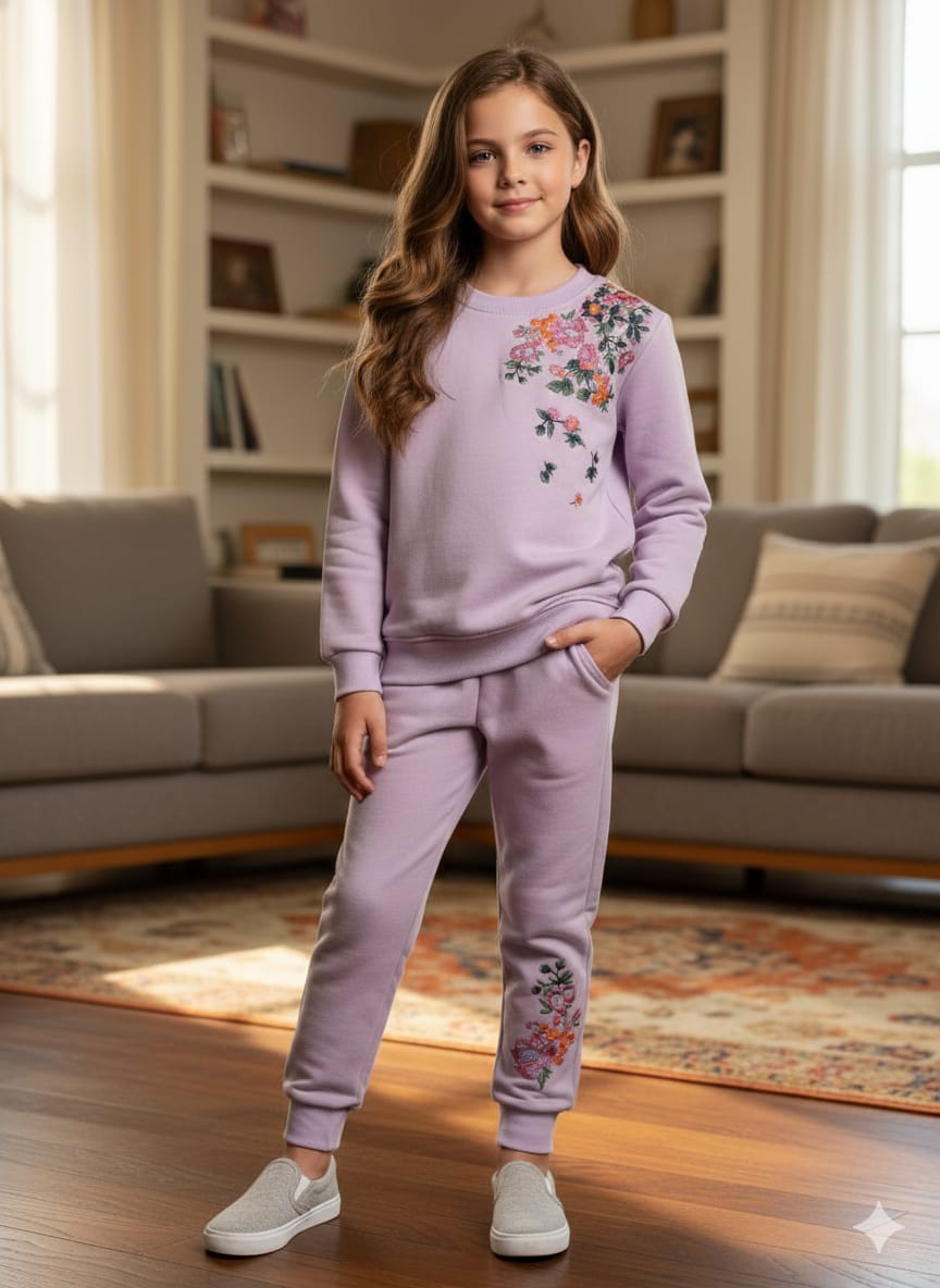 Soft Blossom Embroidery Light Purple Track-suit Girls ( Factory )