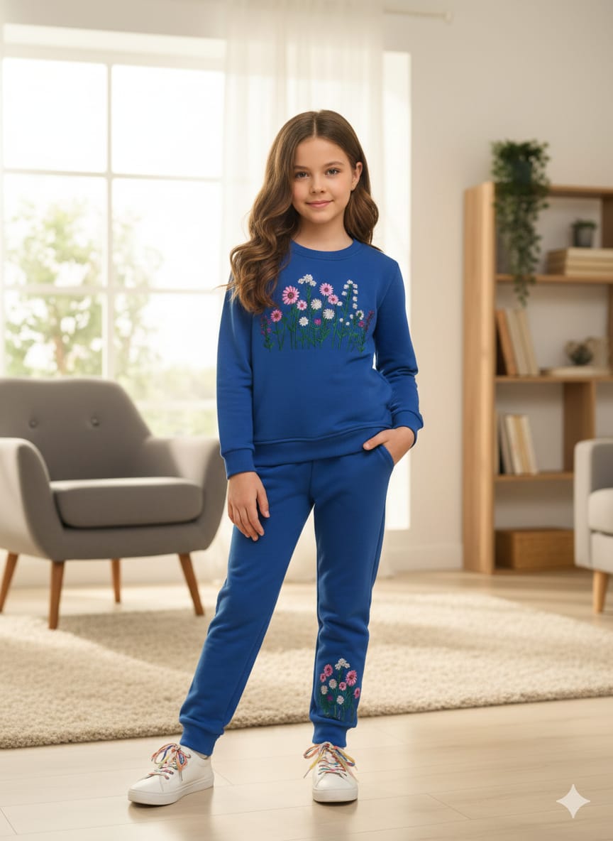 Pink Petals Embroidery Royal Blue Track-suit Girls