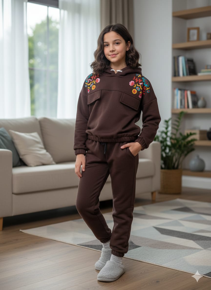 Embroidery & Pocket Chocolate Hoodies Track-suit Girls ( R-45 )