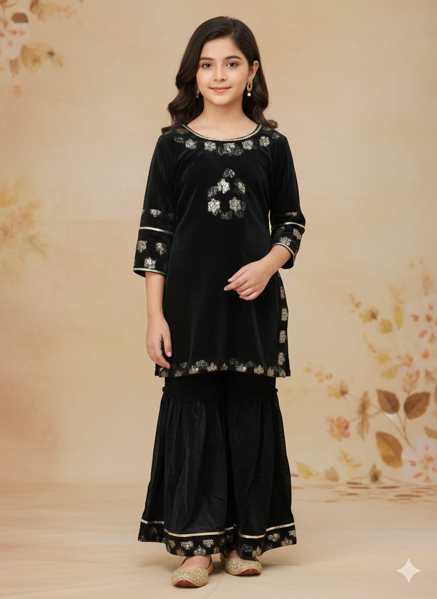 Golden Lase Black Gharara Suit Girls ( R-174 ) Factory