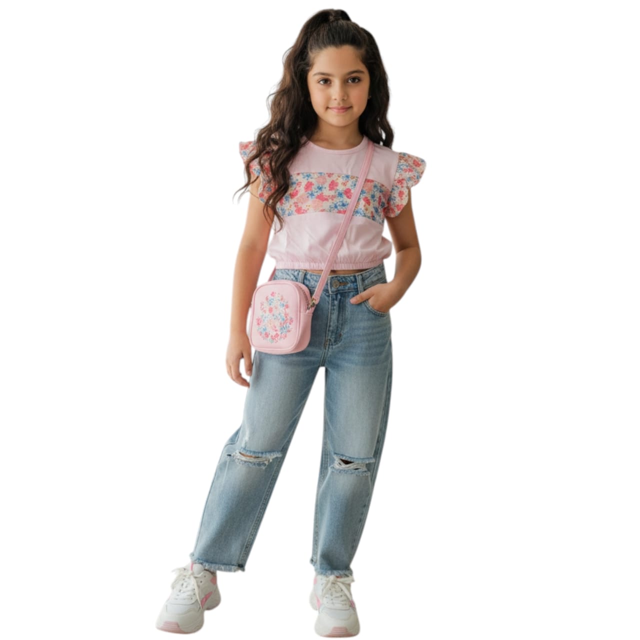 (Short Length)Blue Peach flower Baby Pink  T-Shirt Girls ( R-128 )