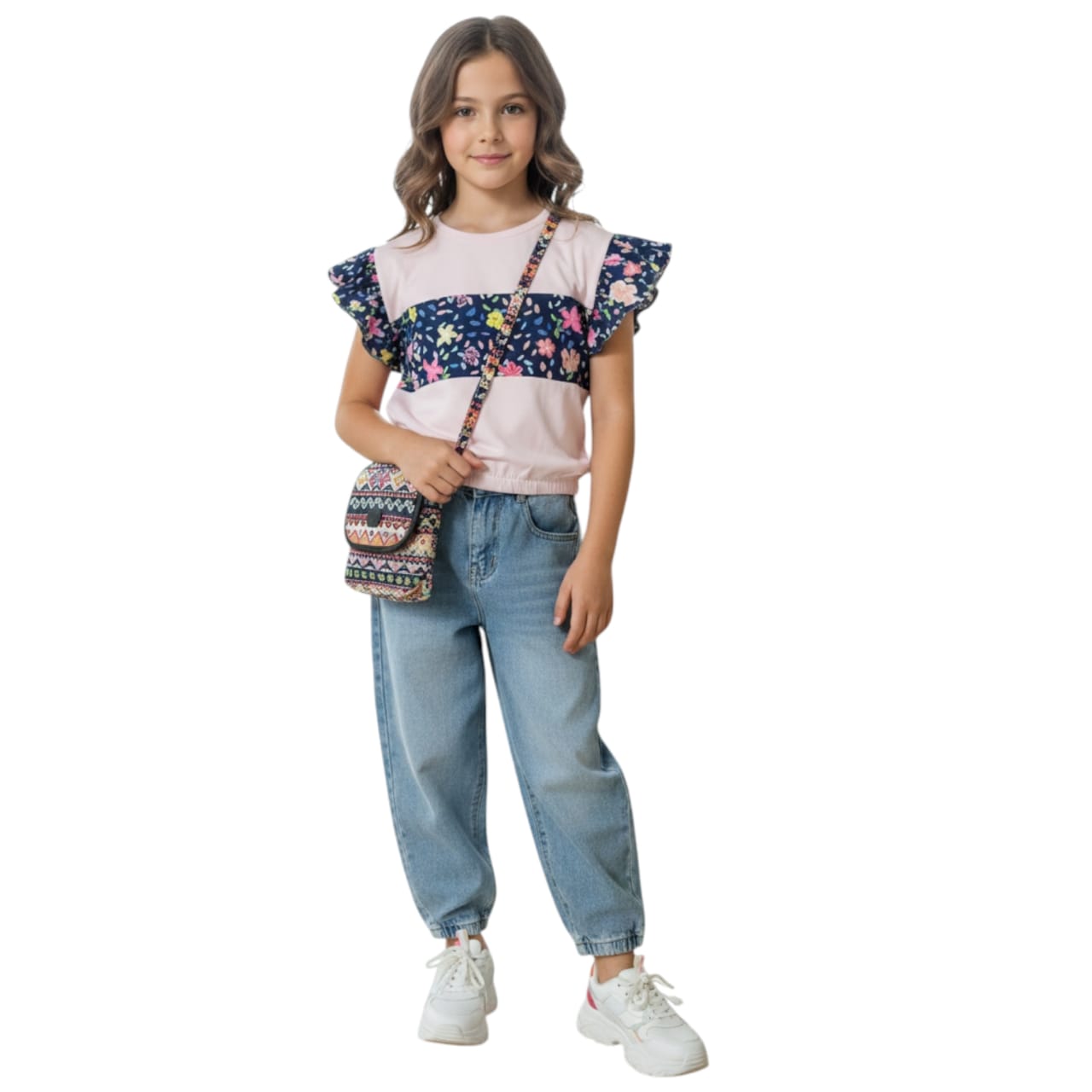 (Short Length)Multi Flower Print Baby Pink  T-Shirt Girls ( R-129 ) Factory