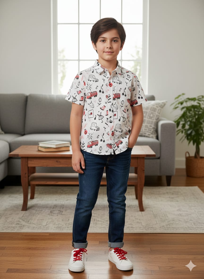 Tropical Red Print White Casual Shirt Boys ( R-511 N )