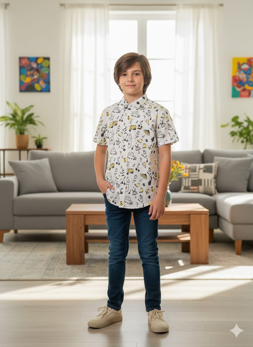 Tropical Yellow Print White Casual Shirt Boys ( R-511 N )