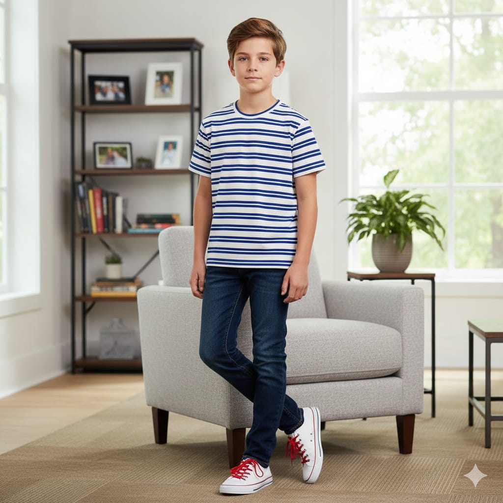 Navy & White Line White T-Shirt Boys ( R-  ) Factory