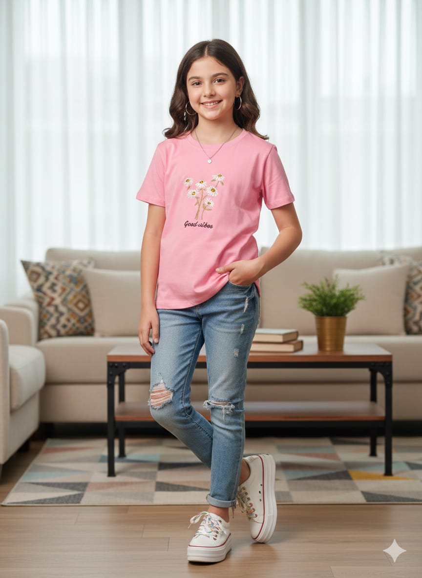 Good Vibes Embroidery Baby Pink T-Shirt Girls ( R-390 )