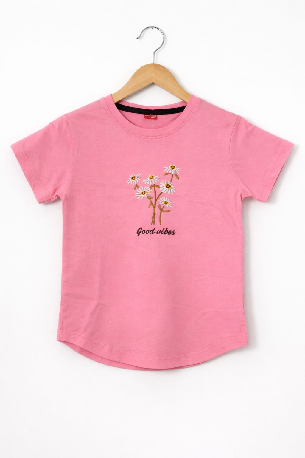 Good Vibes Embroidery Baby Pink T-Shirt Girls ( R-390 )