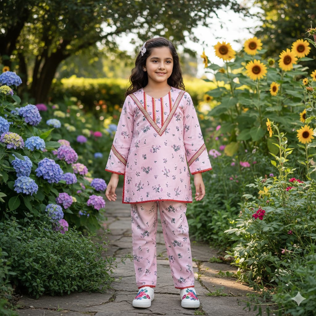 Green Leaves All Over Print Neck Lase Pink Pair Girls ( R-200 )