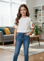 Arms Print White T-Shirt Girls ( R-474 )