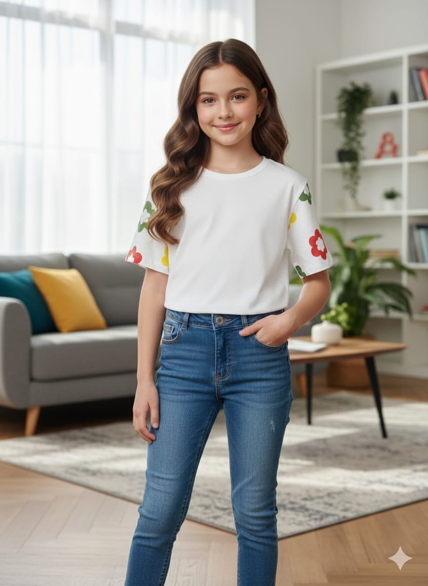 (Short Length)Arms Print White  T-Shirt Girls ( R-474 )