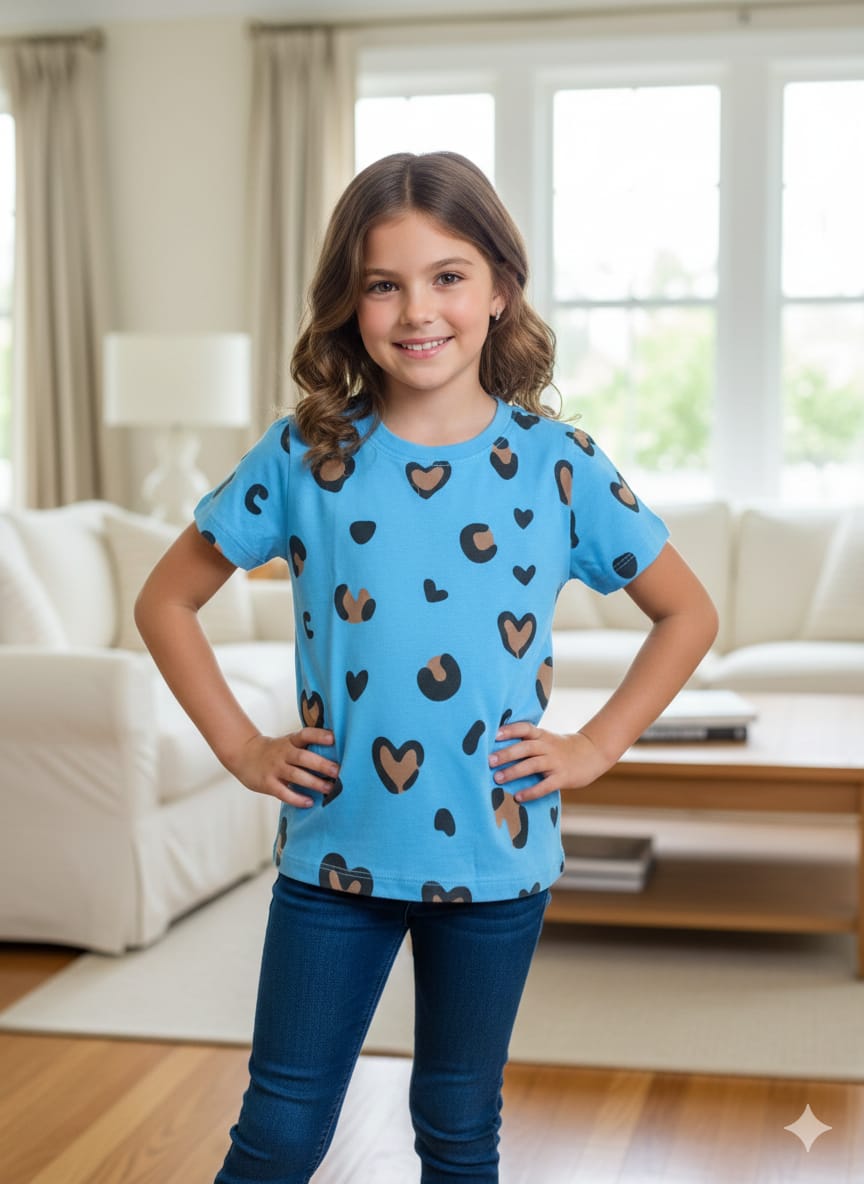 Heart All Over Print Sky T-Shirt Girls