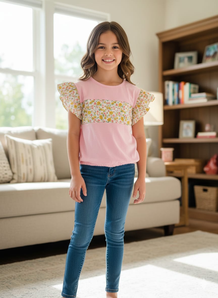 (Short Length)Multiple Flower Print Baby Pink  T-Shirt Girls ( R-406 )