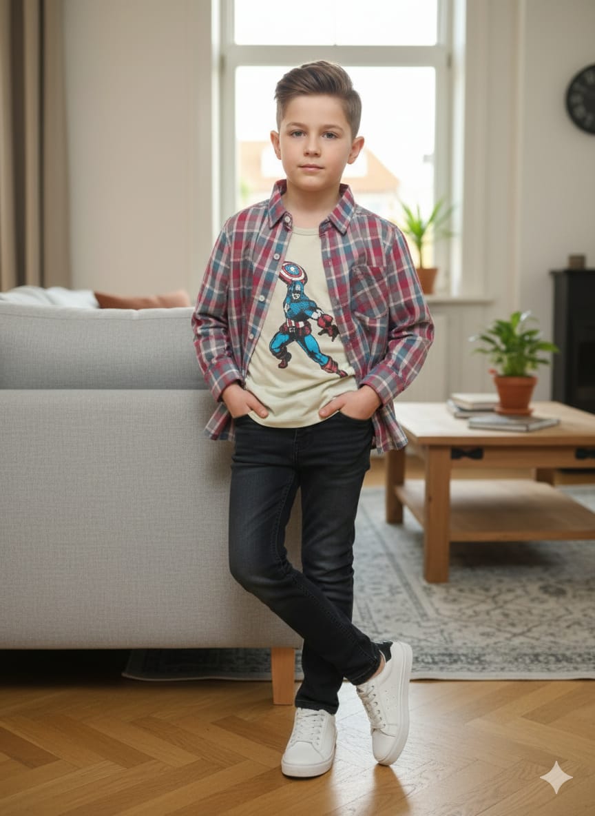 Captain America Skin Inner C-Green Blue Check D/Casual Shirt(R 387)