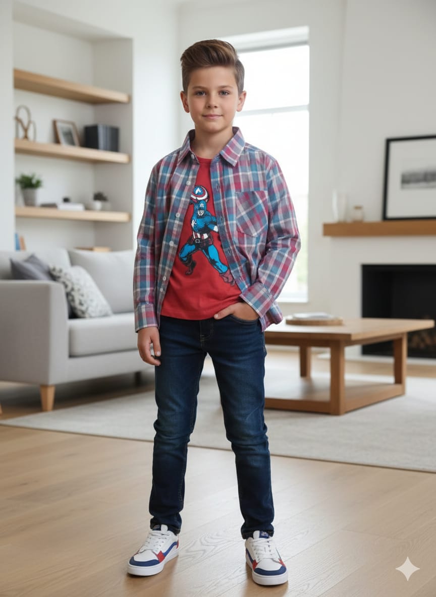 Captain America Red Inner C-Green Blue Check D/Casual Shirt(466)