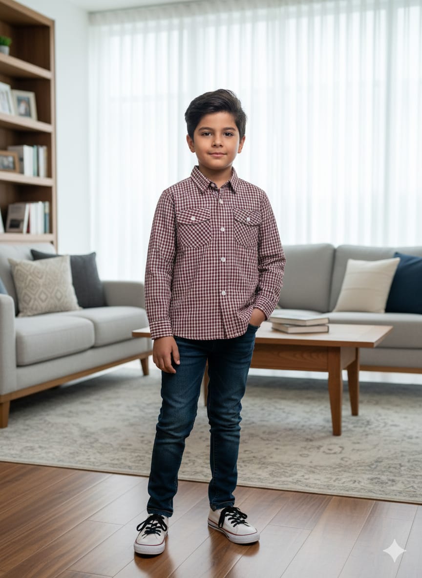 Two Side Pocket Full Sleeve Maroon Check Casual Shirt Boys( R-511 N )