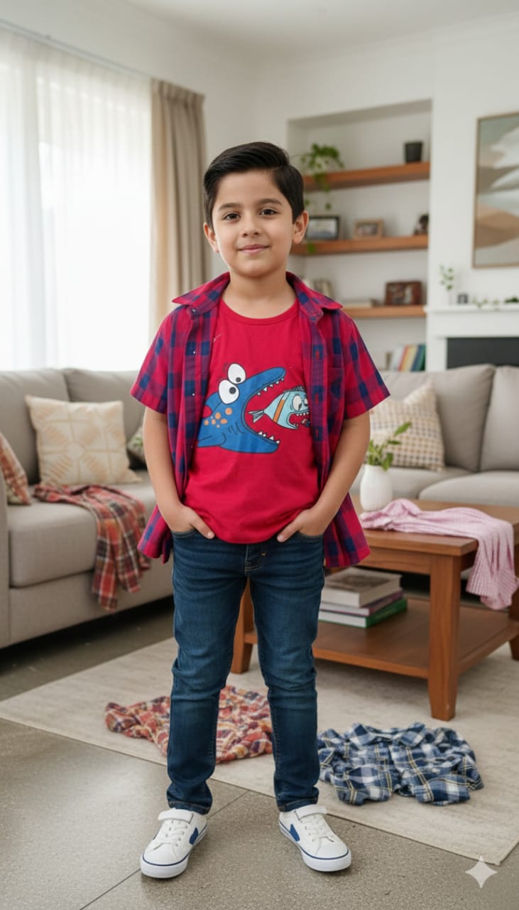 Three Fishes Red Inner Red Check Double Casual Shirt