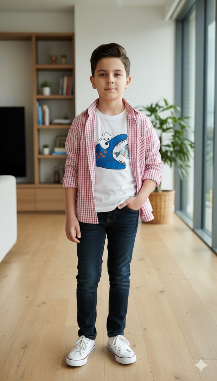 Three Fishes White Inner Red Line Double Casual Shirt