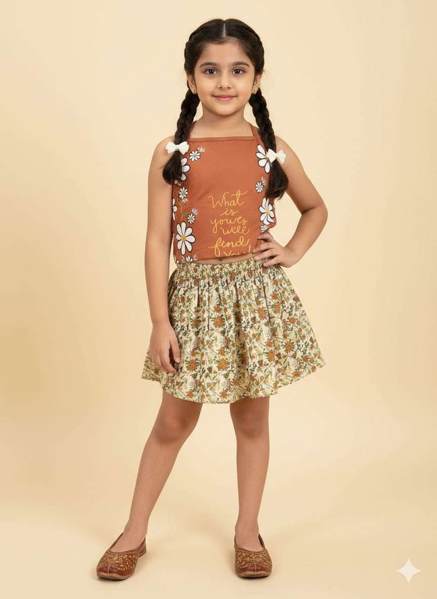 Sun Flower Both Side Brown Skirt Suit Girls ( R-392 )