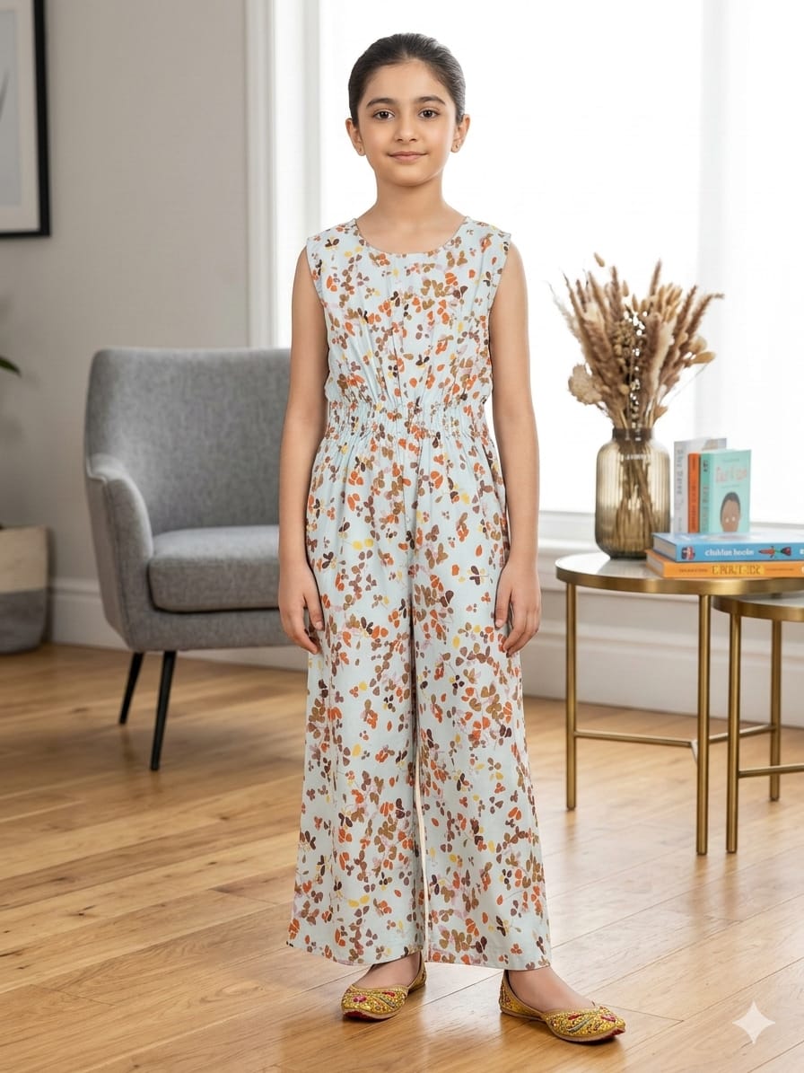 Brown Flower All Over Print Sky Jump Suit Girls ( R-548 )