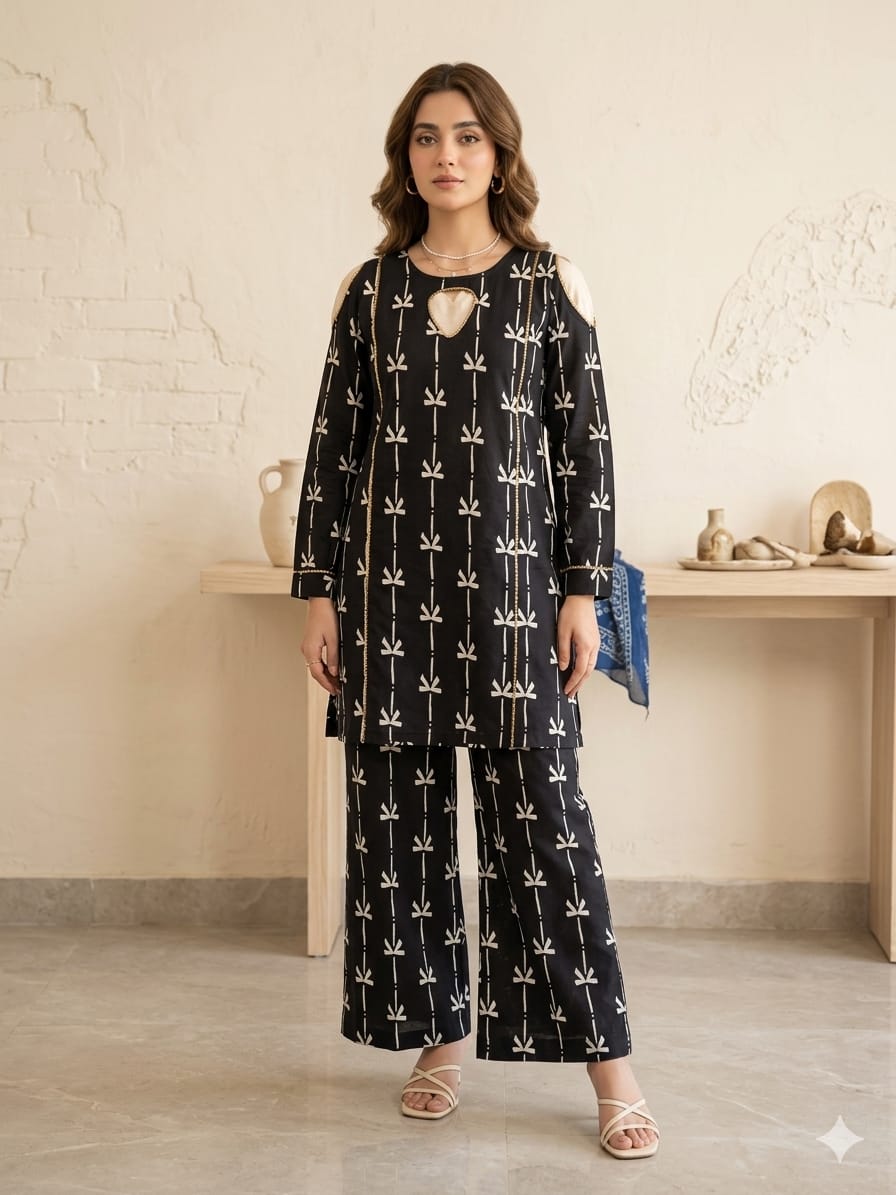 Bow Print All Over Print Black 2Pcs Suit Women ( R-55 )