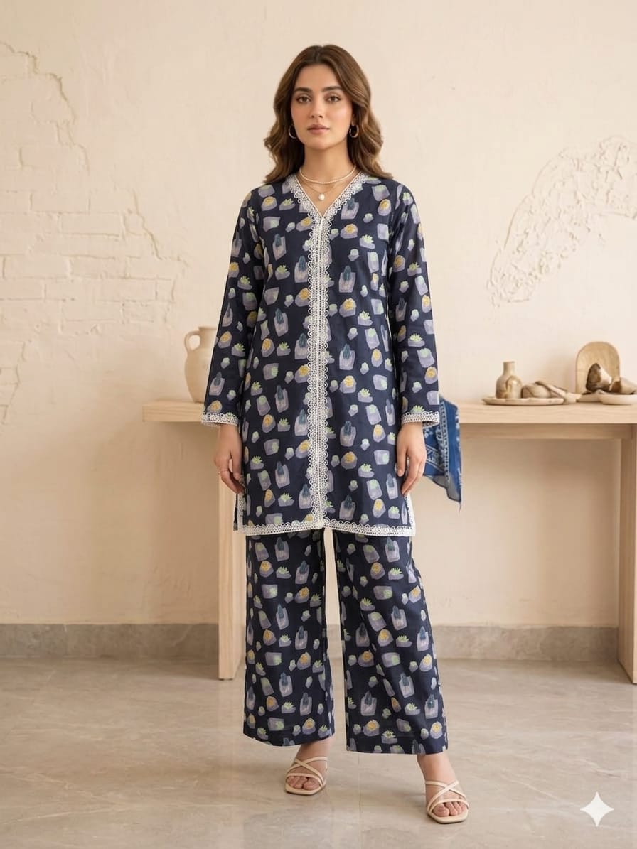 Diamond All Over Print Navy 2Pcs Suit Women