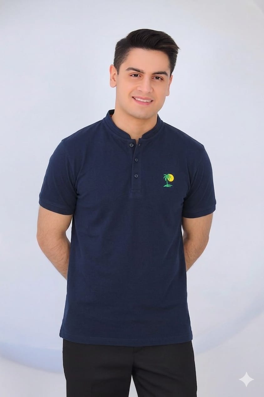 Tree Sun Logo Navy Henley Polo Men's ( R-325 N )