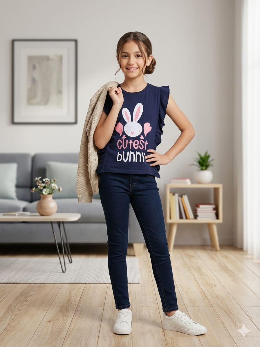 Cutest Bunny Navy T-Shirt Girls ( R-111 )