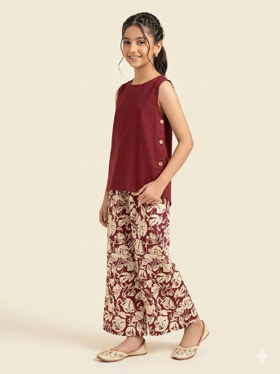 Simple Sleeveless Mahroon Suit Girls ( R-73 )