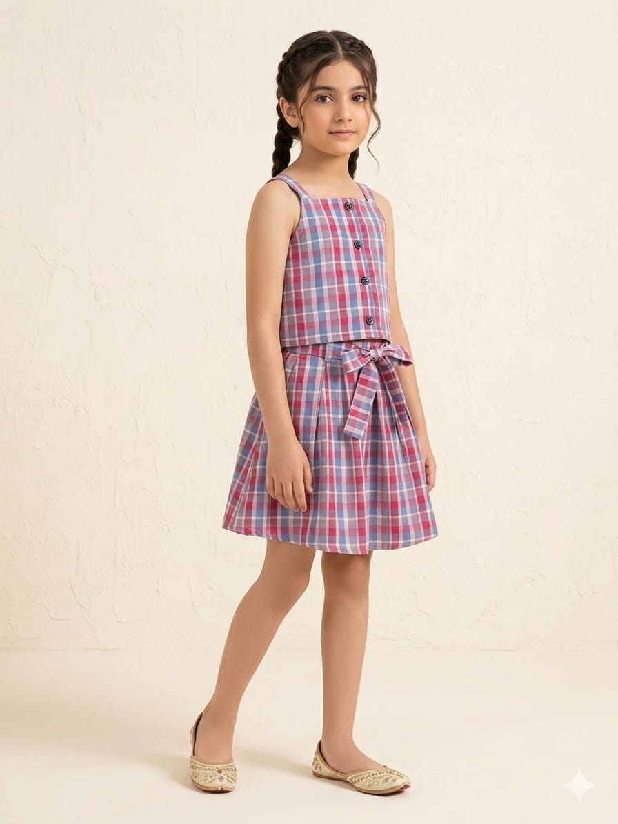 C-Green Blue Check Sleeveless Skirt Suit Girls ( R-372 )