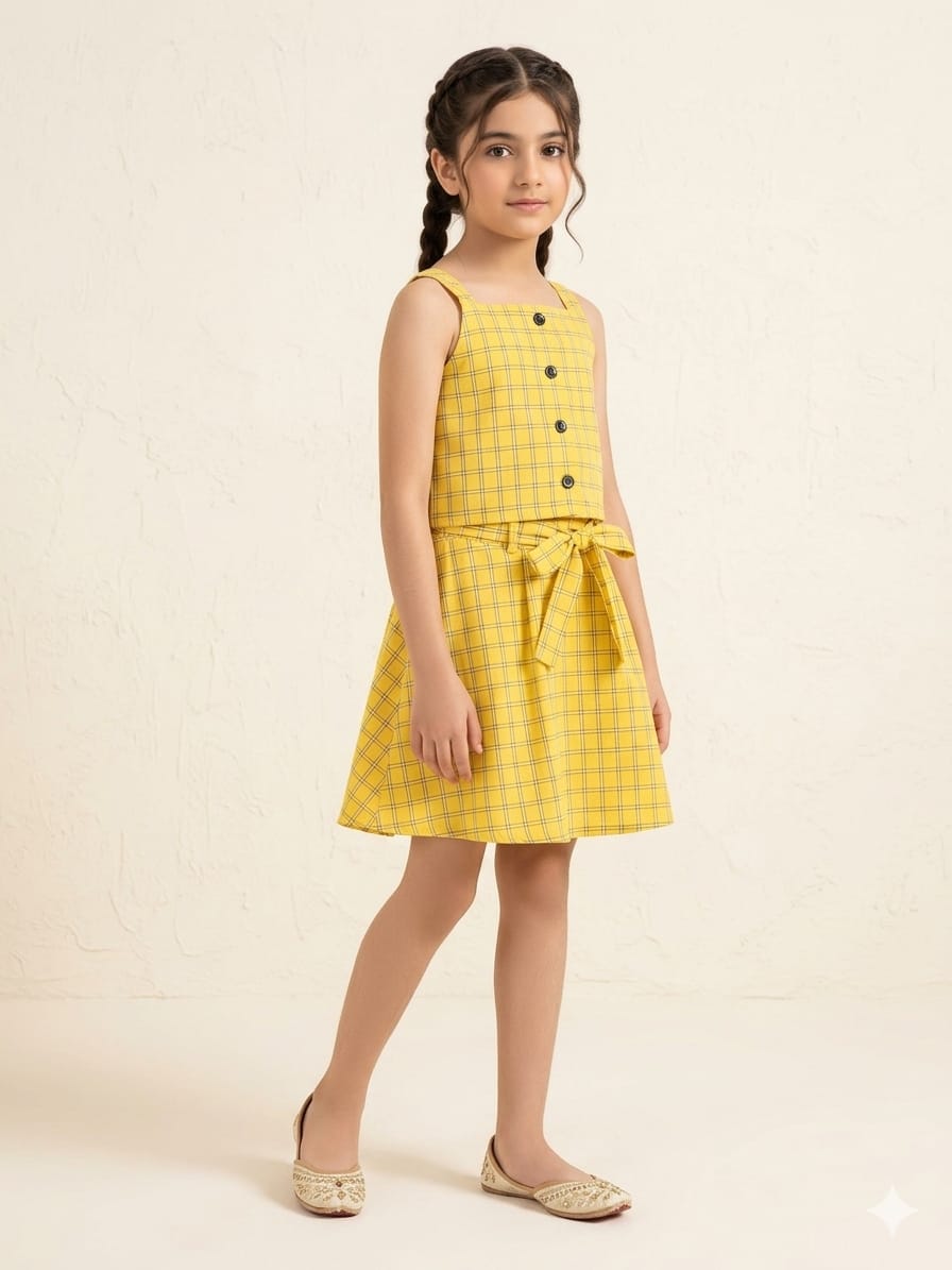 Yellow Check Sleeveless Skirt Suit Girls ( R-372 )
