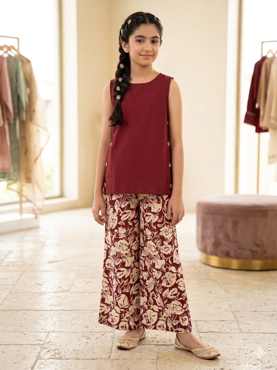 Simple Sleeveless Mahroon Suit Girls ( R-73 )