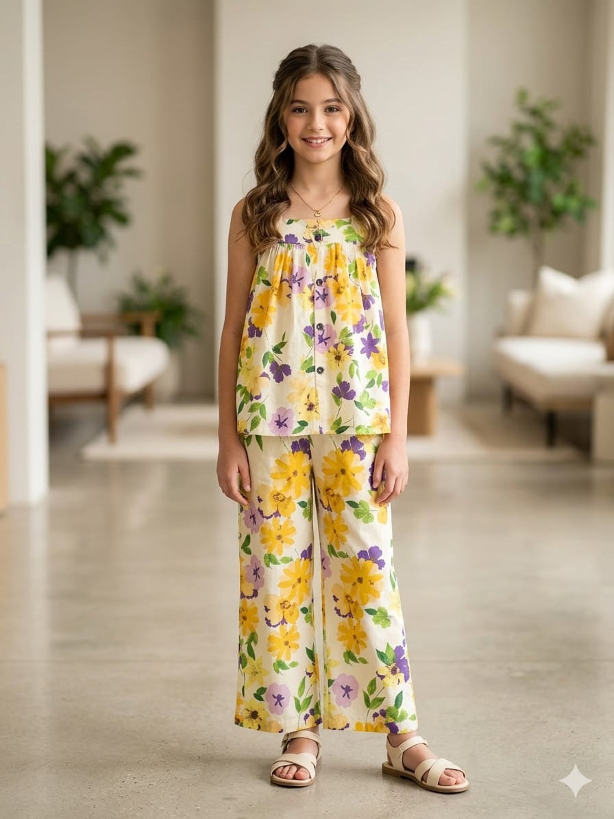 Yellow & Purple Flower Sleeveless White Pairs Girls ( R-83 )