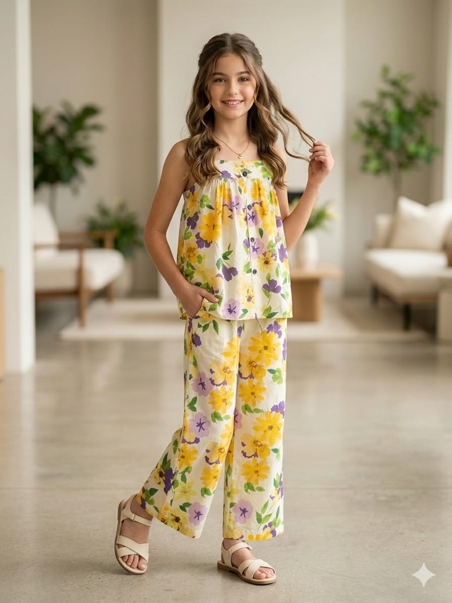 Yellow & Purple Flower Sleeveless White Pairs Girls ( R-83 )