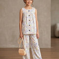 Blue Peach Flower Sleeveless White Pairs Girls ( R-83 )