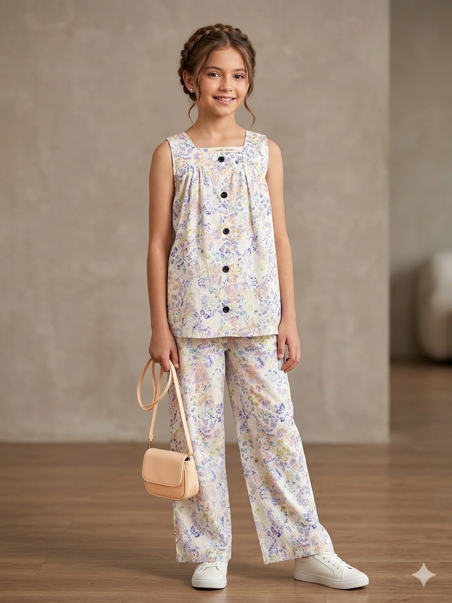 Blue Peach Flower Sleeveless White Pairs Girls ( R-83 )