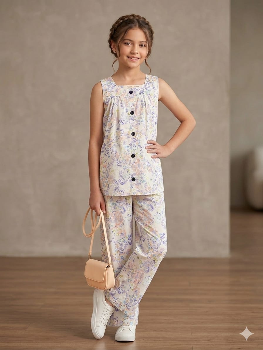 Blue Peach Flower Sleeveless White Pairs Girls ( R-83 )
