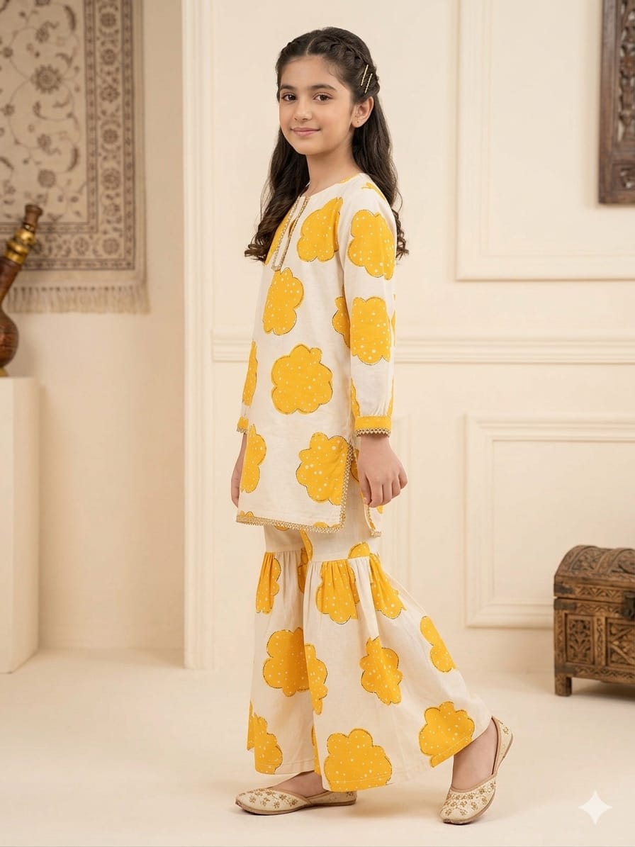 Yellow Shade White Gharara Suit Girls ( R-199 )