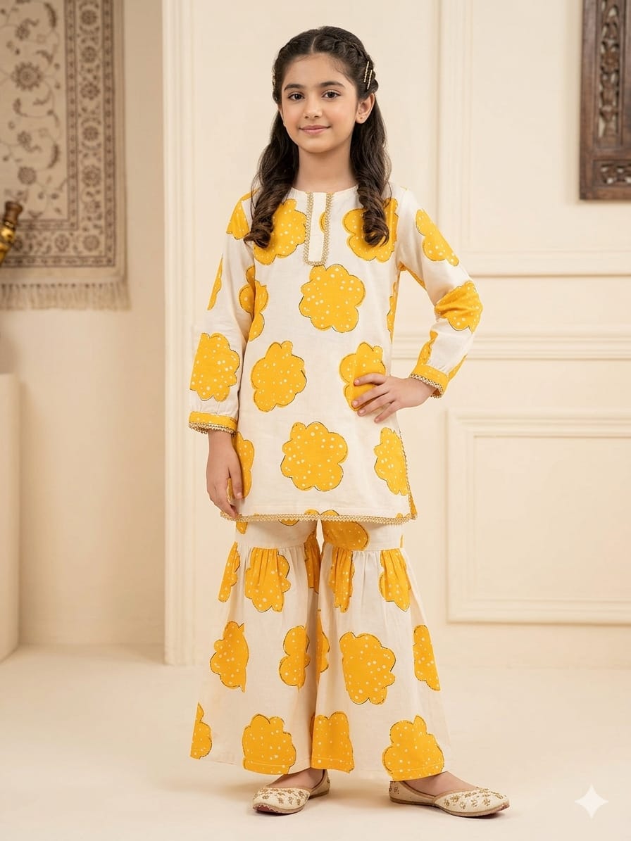 Yellow Shade White Gharara Suit Girls ( R-199 )
