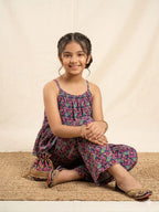 Green & Pink Flower Black Skirt Suit Girls ( R-163 ) Factory
