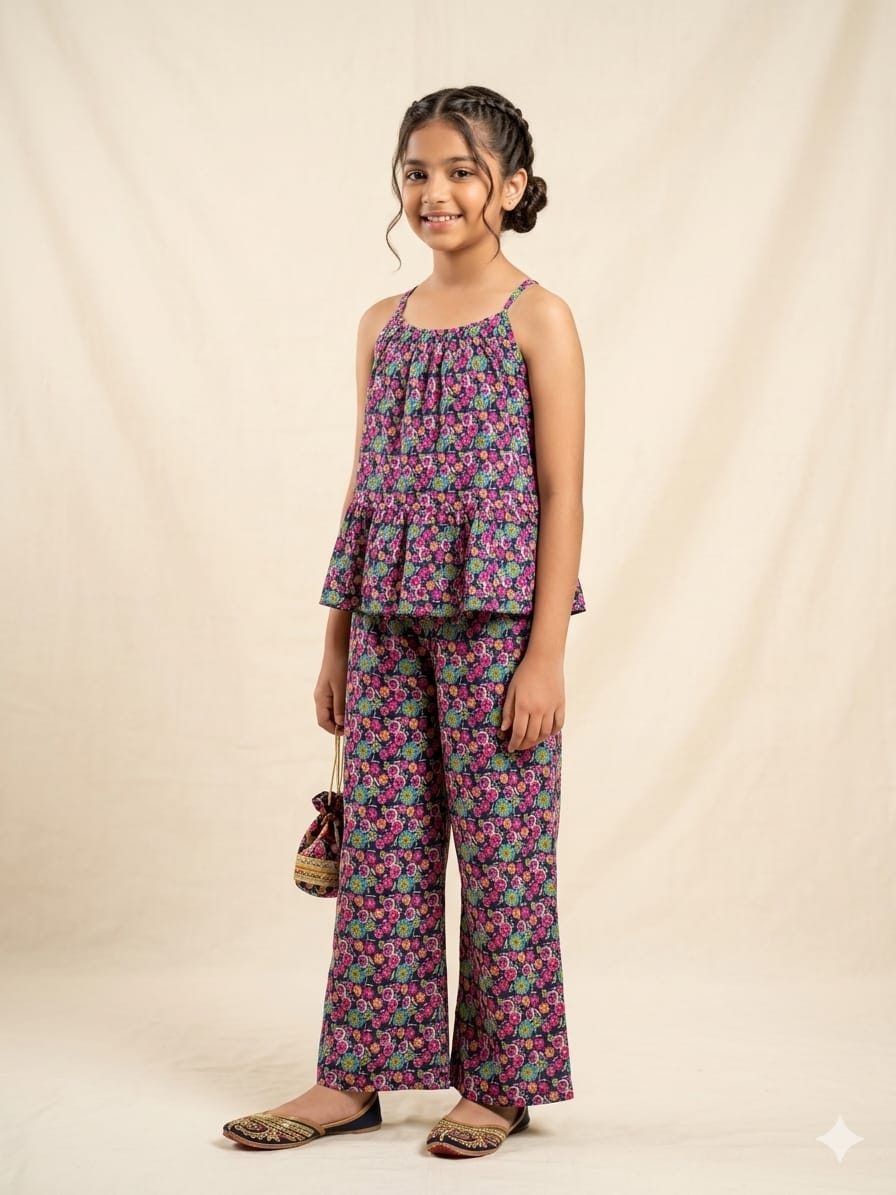 Green & Pink Flower Black Skirt Suit Girls ( R-163 ) Factory