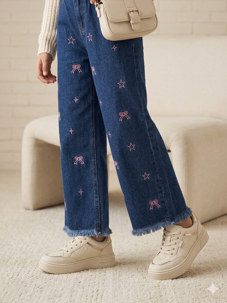Star With Bow Embroidery Dark Blue Jeans Girls
