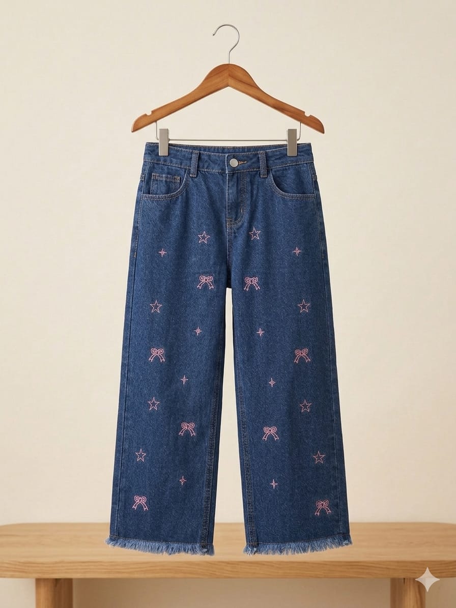 Star With Bow Embroidery Dark Blue Jeans Girls