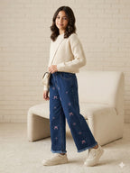 Star With Bow Embroidery Dark Blue Jeans Girls