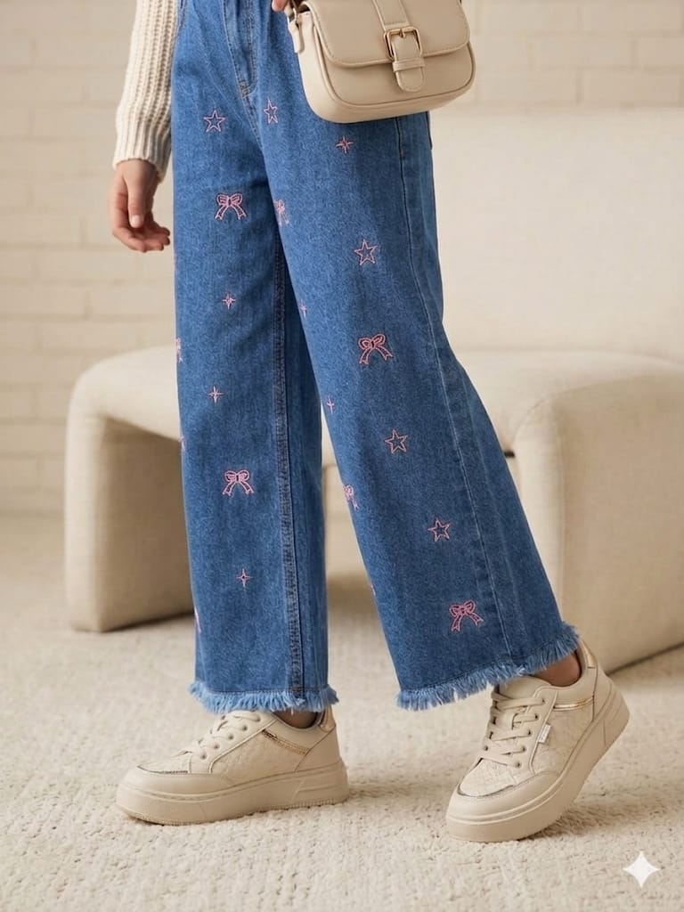 Star With Bow Embroidery Mid Blue Jeans Girls